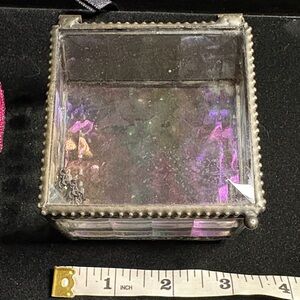 Iridescent Glass Jewelry Casket Box with  Silver style Bead Frame. Vintage